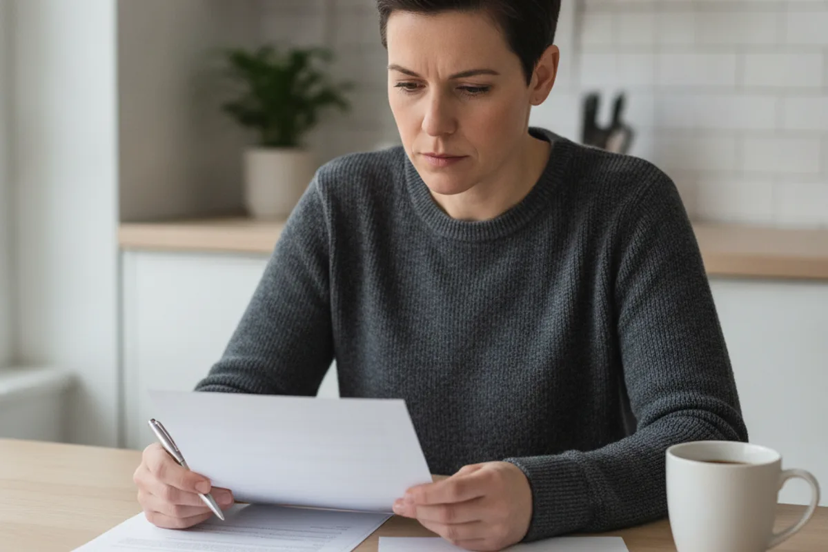 A person reviews financial documents at their kitchen table, looking concerned.