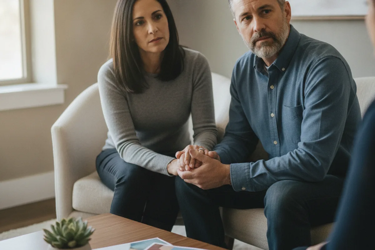 A diverse couple listens intently during a financial or legal consultation.