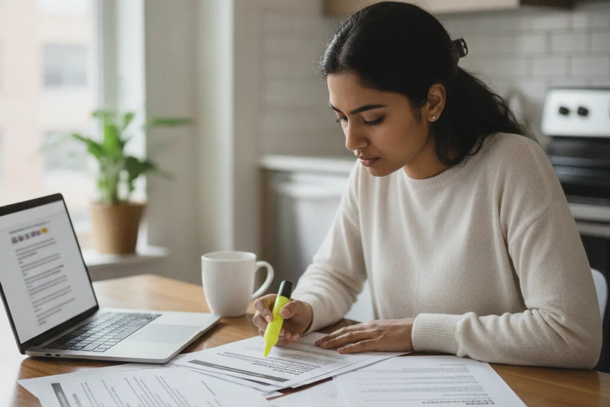 Young woman at her kitchen table, focused on reviewing a lease agreement and legal documents with a highlighter.