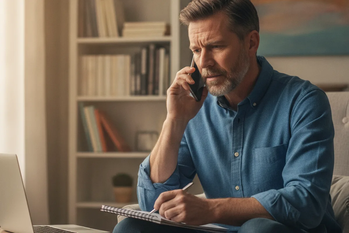 Man on the phone, listening intently, seeking advice regarding landlord-tenant issues in a home setting.