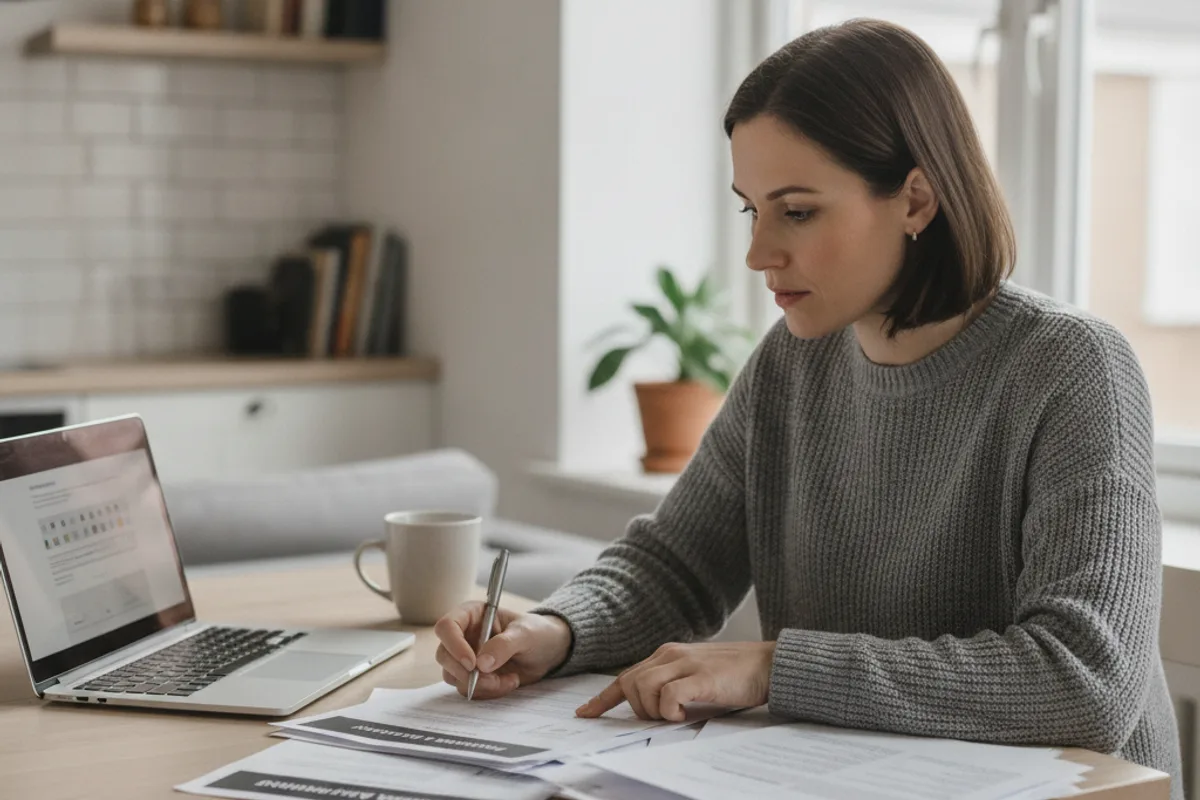 Woman reviews lease and financial documents at her kitchen table, preparing for a landlord dispute.