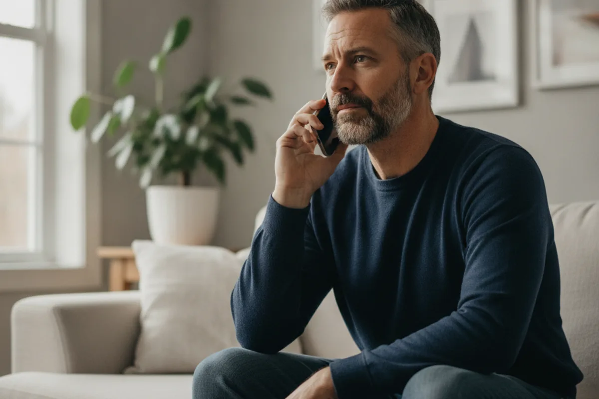 Man on phone, consulting with an advisor about his landlord's refusal to return a security deposit.