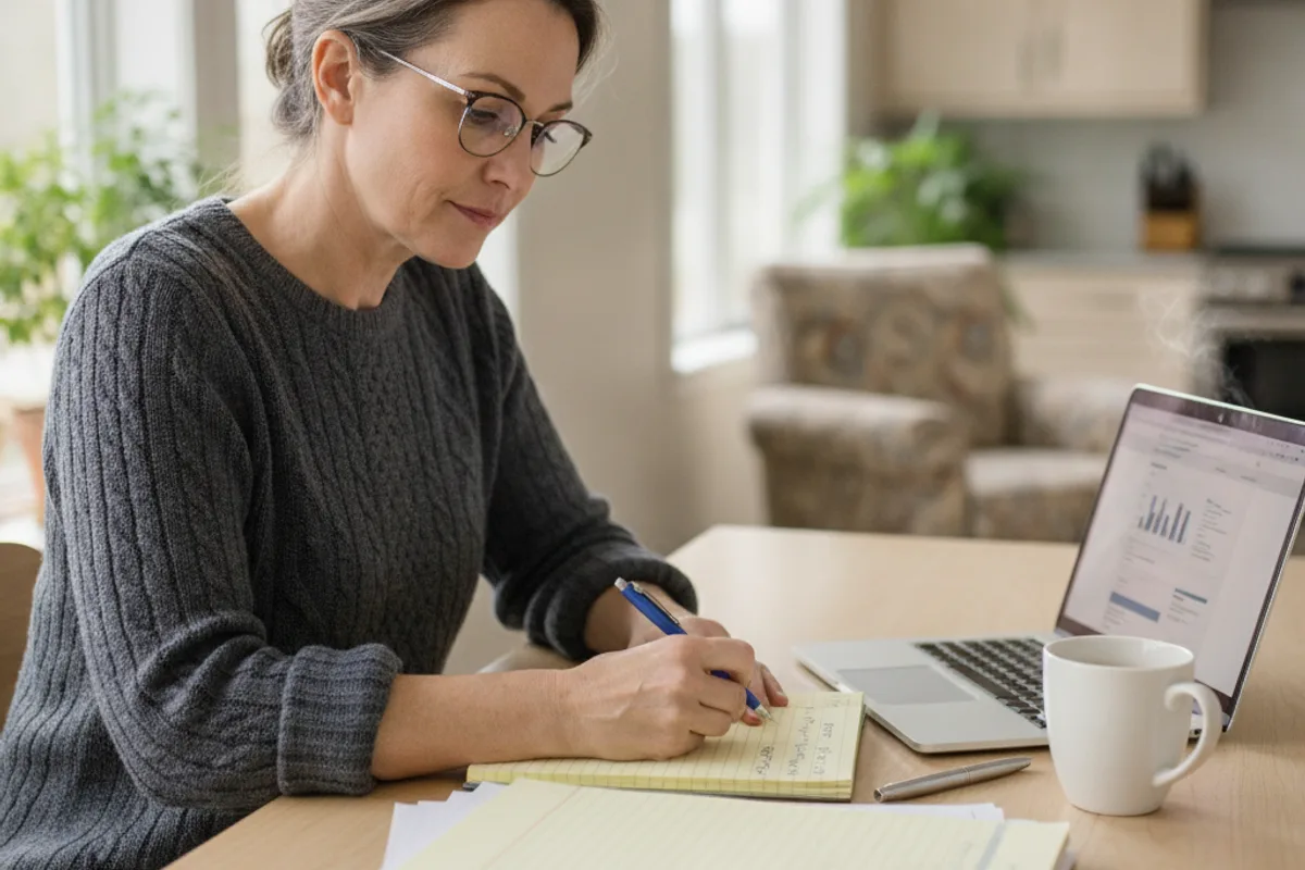 Woman thoughtfully reviews business documents at her kitchen table, with a laptop open nearby.