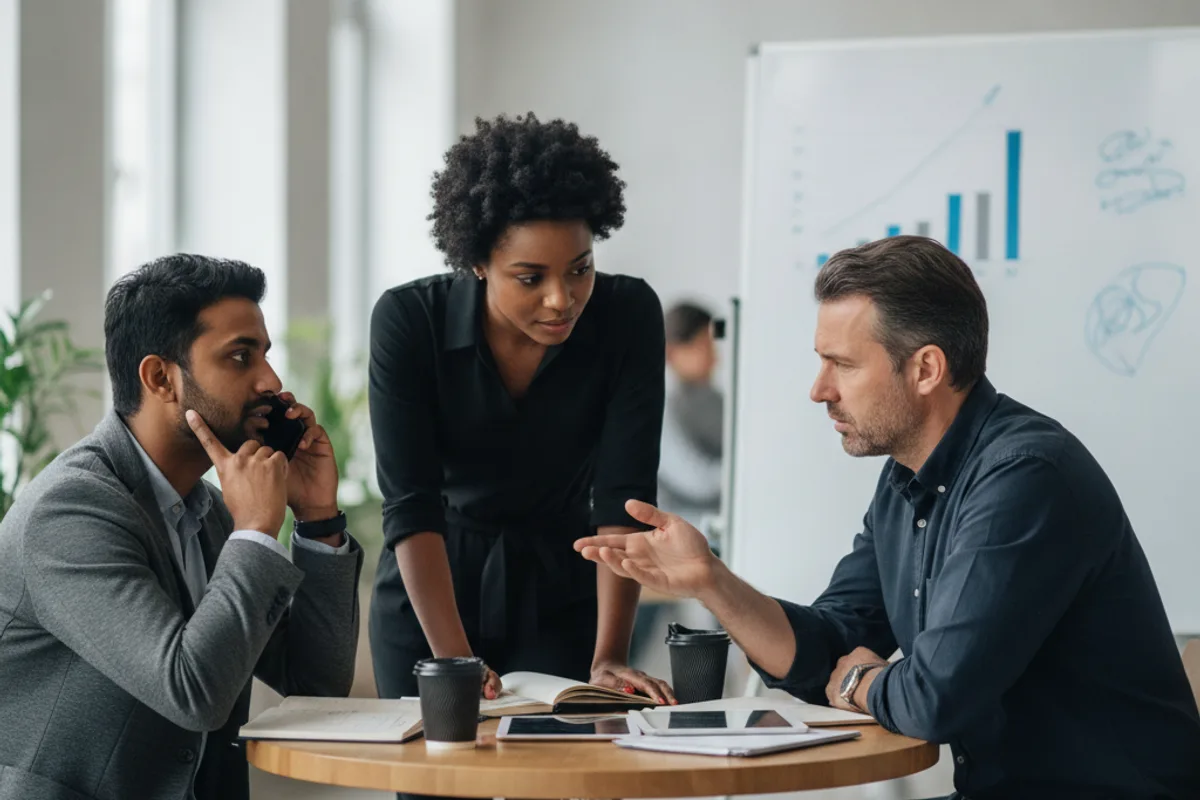 Diverse business partners discuss their LLC, one on a phone call with an advisor in a co-working space.