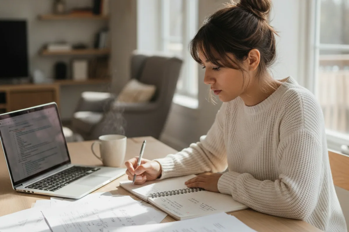 Entrepreneur reviews business formation documents and legal information at her kitchen table.