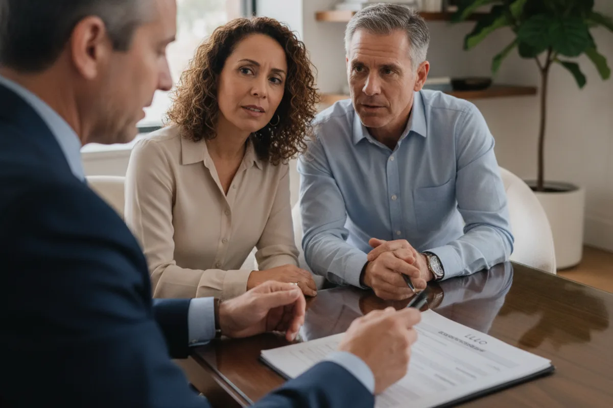 A couple consults with an advisor about the best business structure for their joint venture.