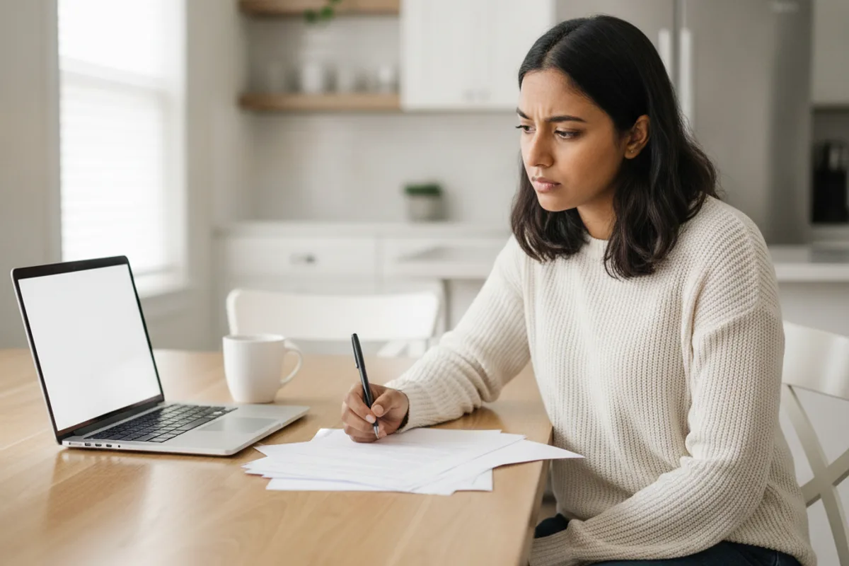 A woman reviews immigration paperwork at her kitchen table, preparing for her marriage green card application.