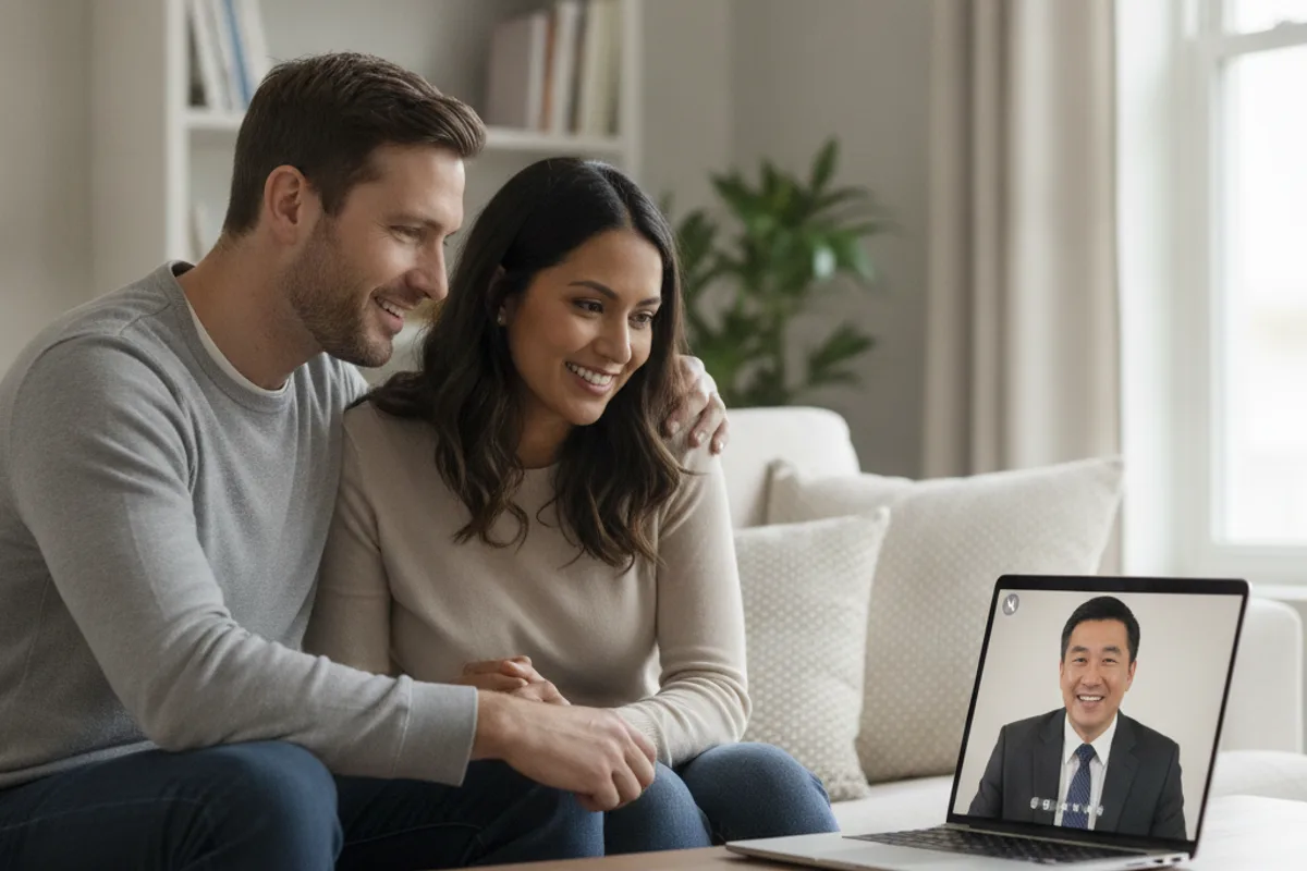 A diverse couple has a video consultation with an immigration adviser about their marriage green card process.