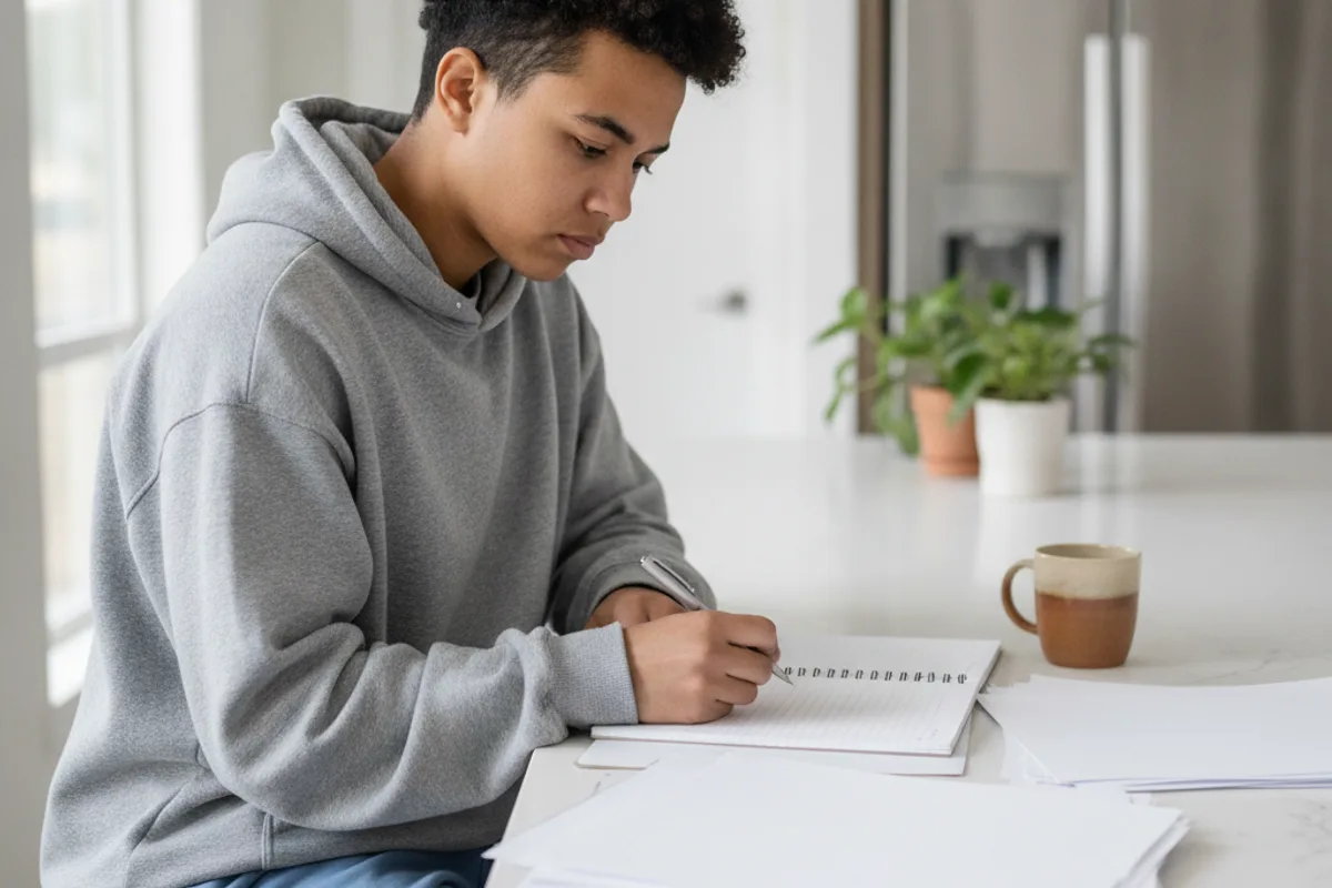 A person sits at a kitchen table, thoughtfully reviewing legal documents and paperwork at home.