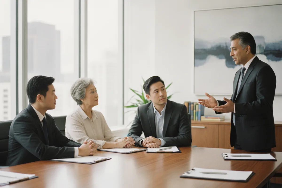 A diverse family consults with an attorney in a conference room, discussing legal options and support.
