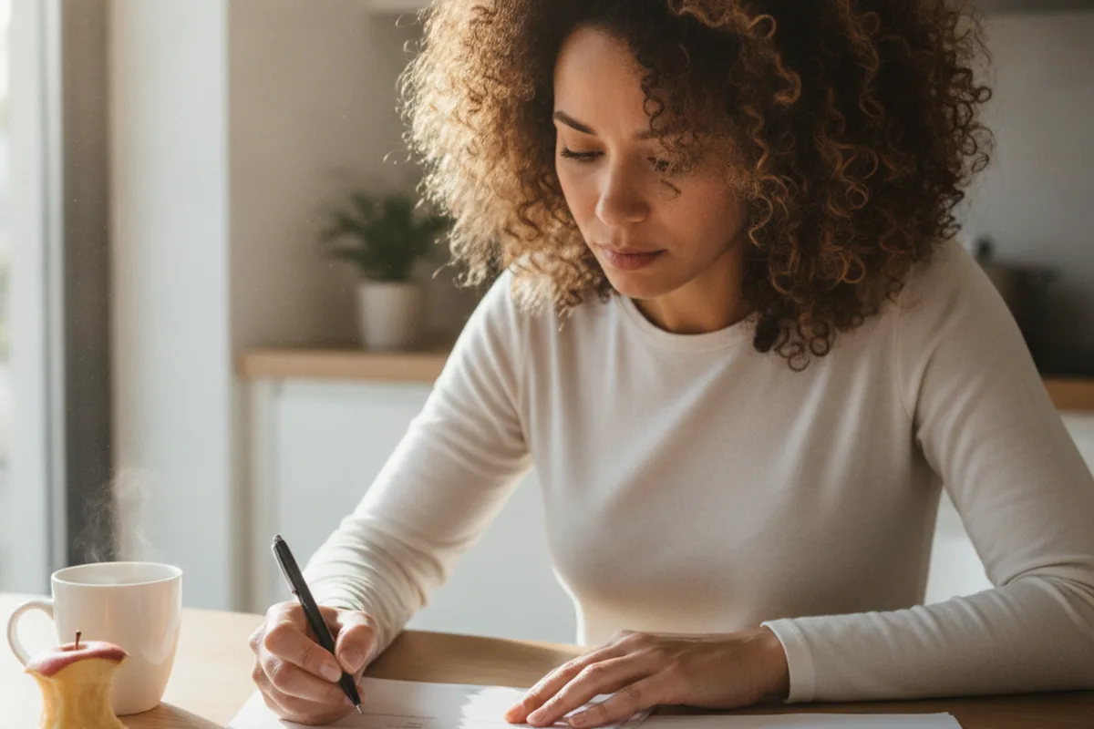 A woman at her kitchen table reviews personal injury claim documents, appearing thoughtful and focused.
