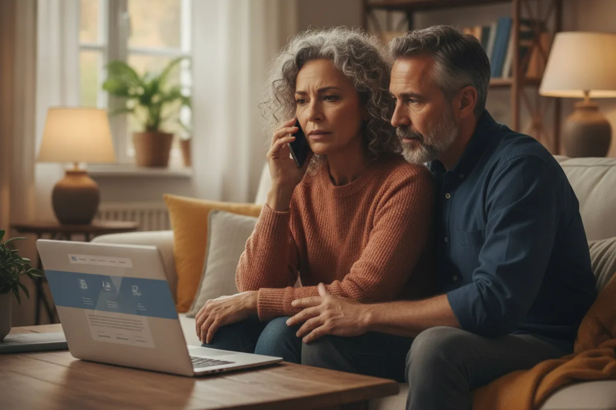 A diverse couple on a sofa, one speaking on a smartphone while the other listens, consulting a legal advisor about a personal injury claim.