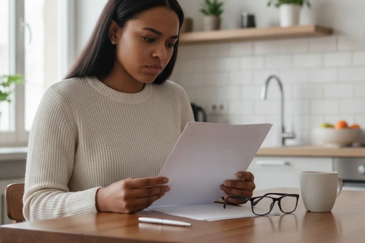 Una mujer revisa pensativamente documentos legales en su mesa de cocina, con bolígrafo y café cerca.
