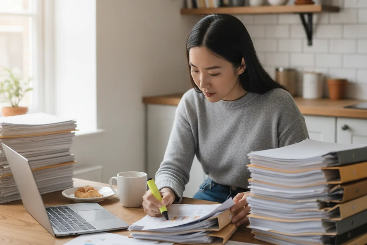 Mujer revisando documentos comerciales en la mesa de su cocina, considerando implicaciones legales para su pequeña empresa.
