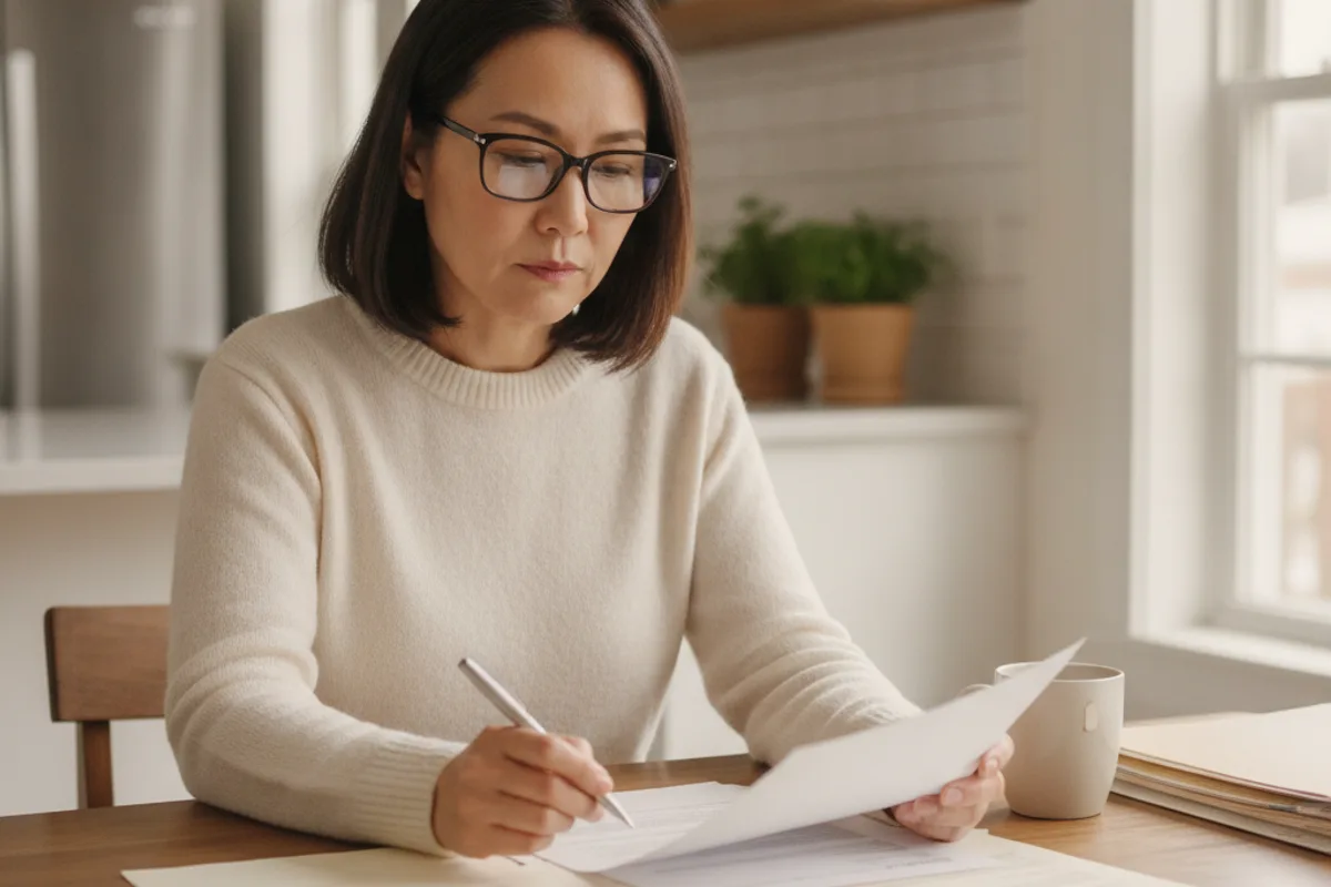 Una mujer revisa pensativamente documentos en la mesa de su cocina, considerando decisiones personales importantes.