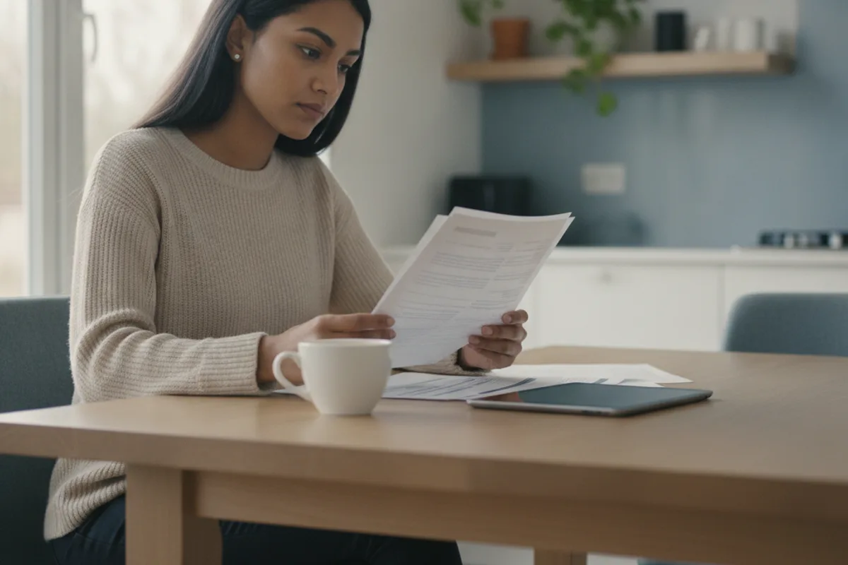 A woman reviews legal paperwork at her kitchen table, focusing on important details.