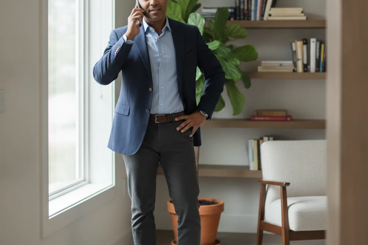A man on the phone, receiving legal advice from an adviser in a private setting.