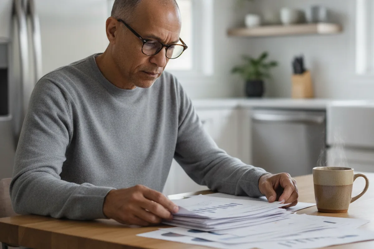 A man in his 60s reviews legal documents at his kitchen table, a thoughtful expression on his face.