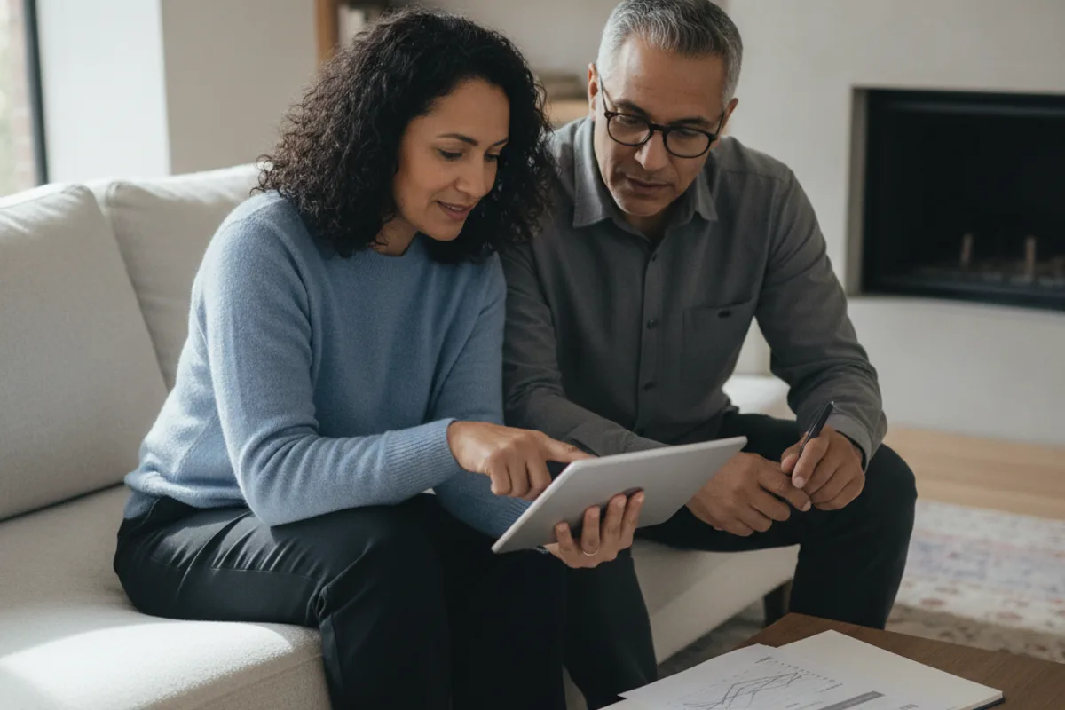 A diverse couple in their 50s discusses financial planning documents together in their living room.
