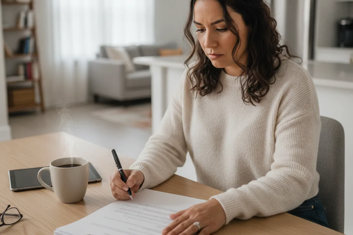 Una mujer latina concentrada revisa documentos legales en la mesa de su cocina, contemplando su acuerdo prenupcial.