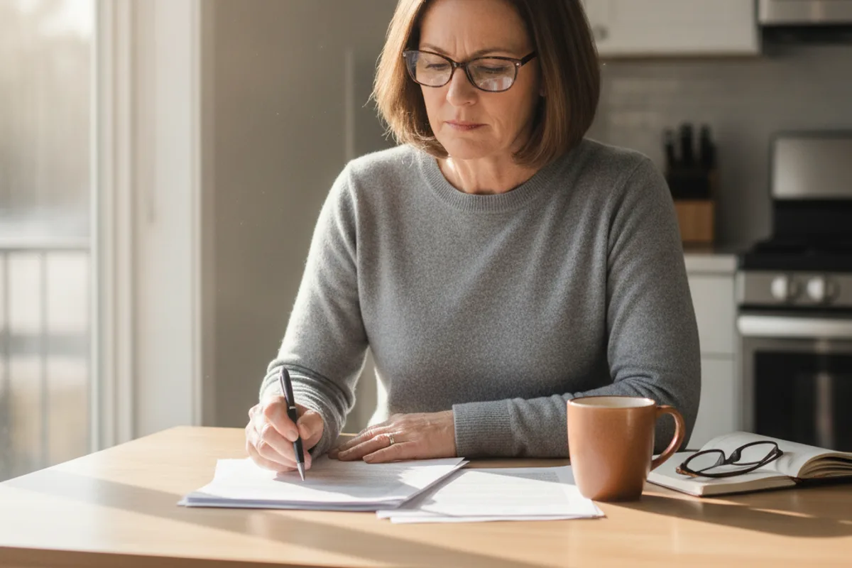 Mujer revisa documentos de propiedad en la mesa de su cocina, contemplando las implicaciones legales de una servidumbre.