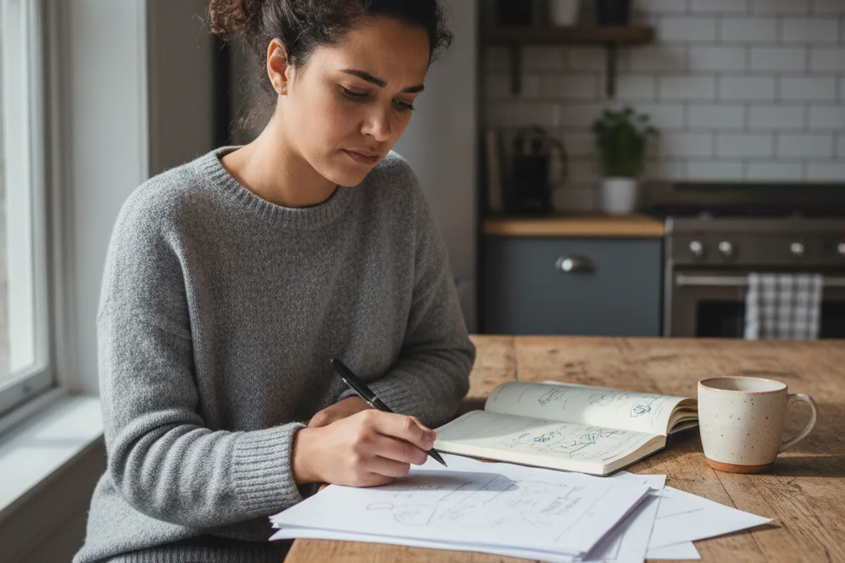 Mujer en la mesa de la cocina revisa pensativamente documentos legales genéricos y toma notas.
