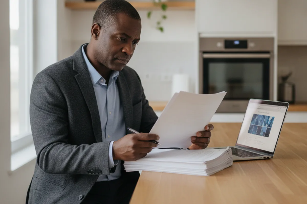 Man reviews property documents at his kitchen table, researching options on a laptop.