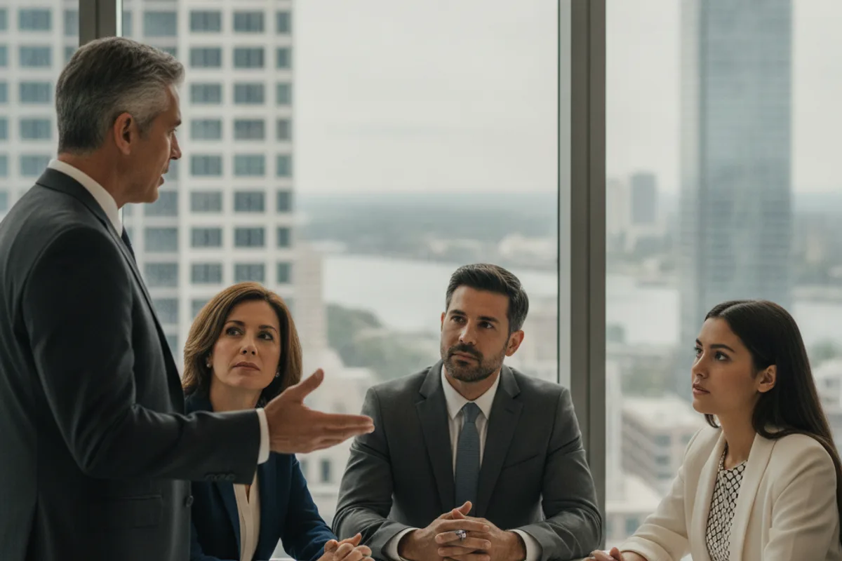 Lawyer advises a diverse family on property transfer and estate planning in a high-rise office.