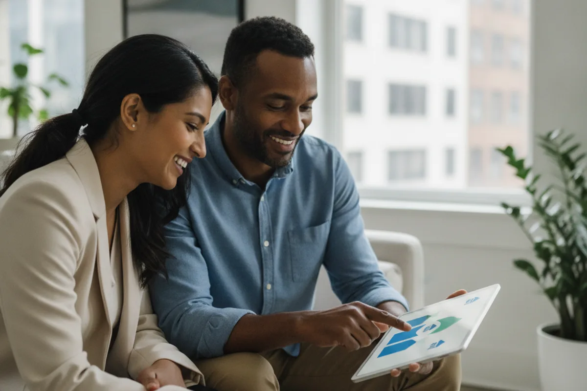 A diverse couple consults with a financial advisor about real estate investment options.