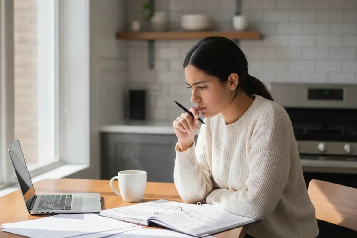 A young business owner reviews financial documents at her kitchen table, planning business structure.