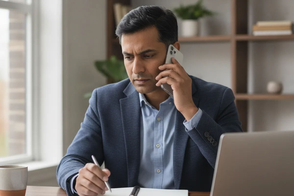 A man on the phone, discussing business tax implications with an advisor from his home office.