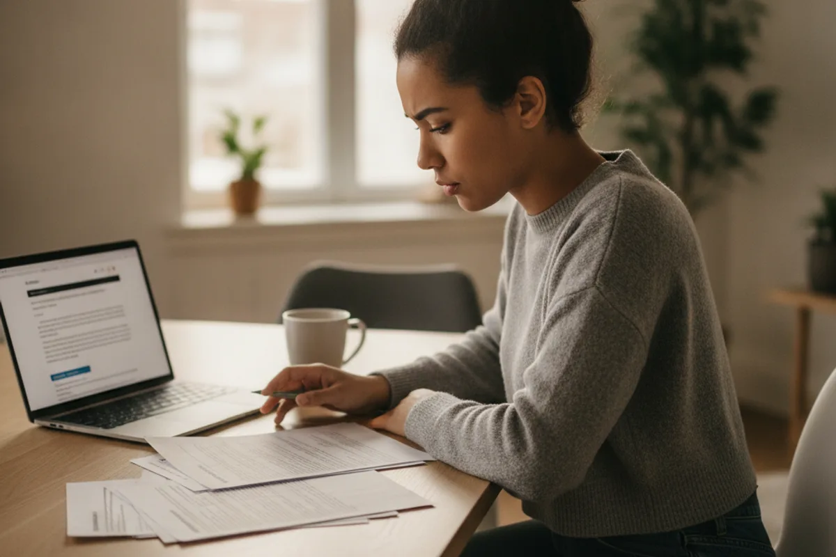 Young woman at kitchen table intently reviews lease documents and bank statements, researching security deposit laws.