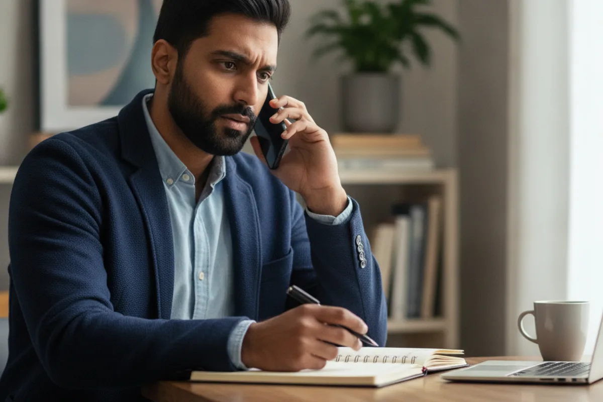 Man on phone, discussing security deposit issues with an advisor from his home office.