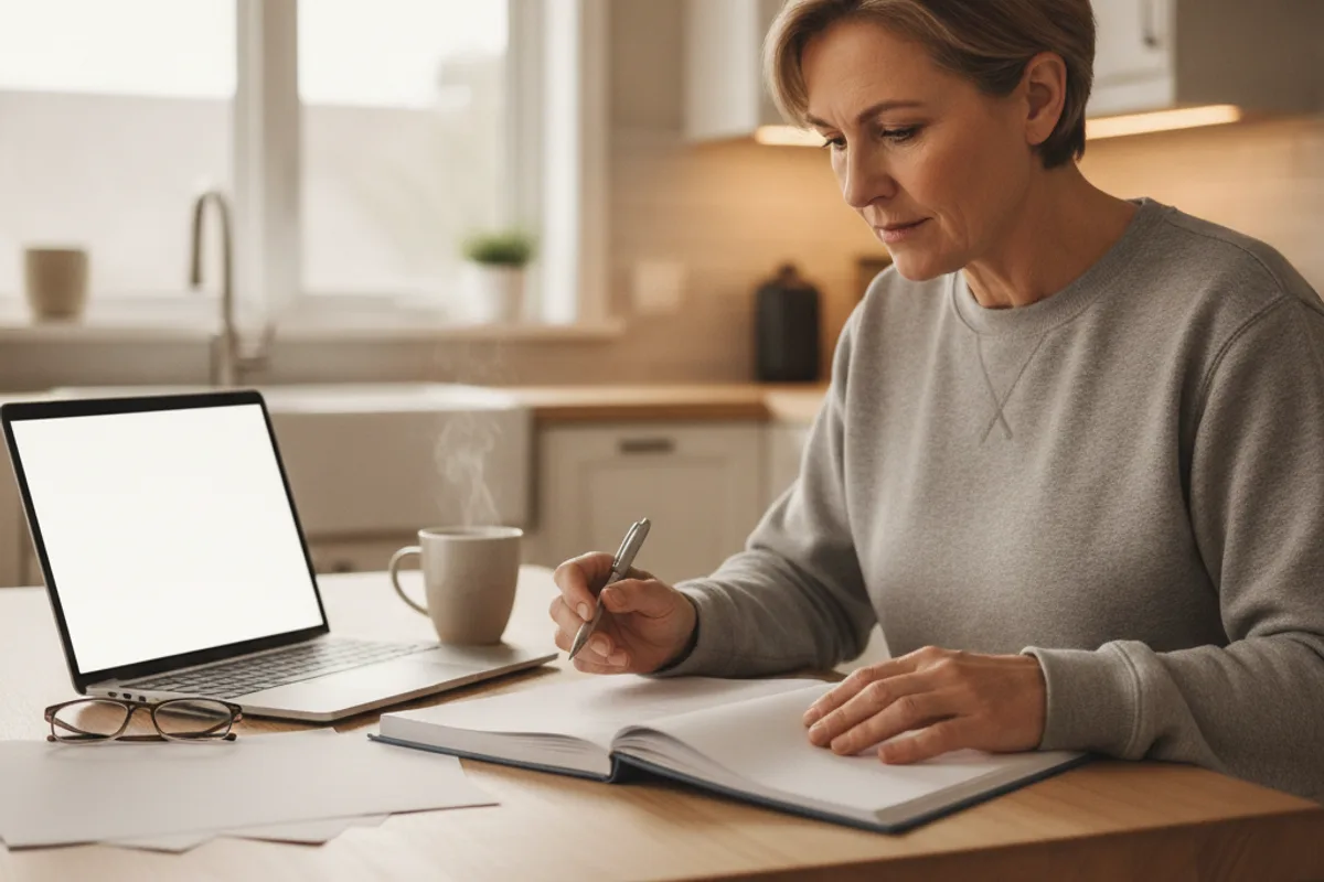 Person at a kitchen table carefully reviewing seller disclosure paperwork with a laptop nearby.