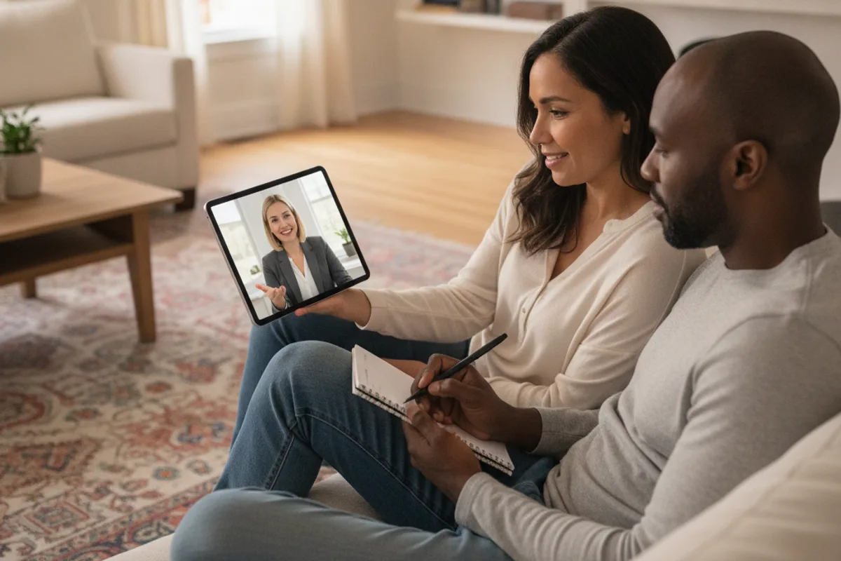 Diverse couple on a video call with their real estate agent, discussing seller disclosure forms.