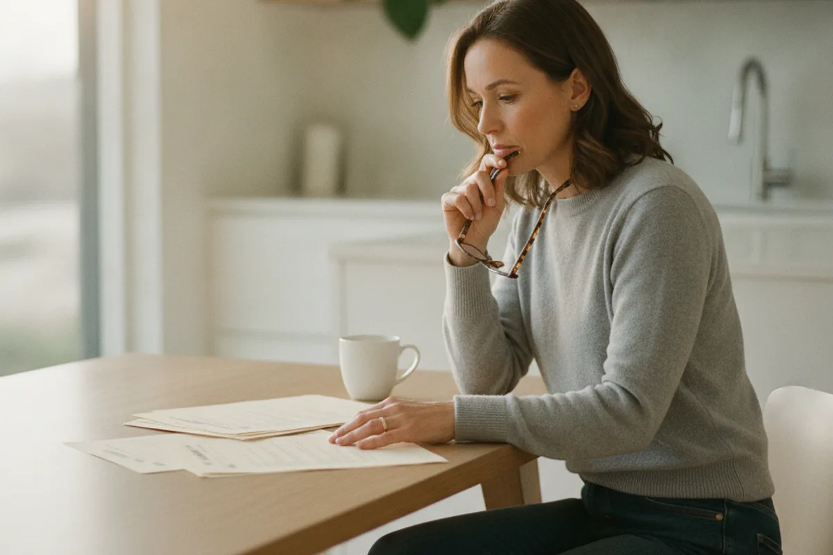 A person reviews legal-looking papers at a kitchen table, looking concerned and contemplative.