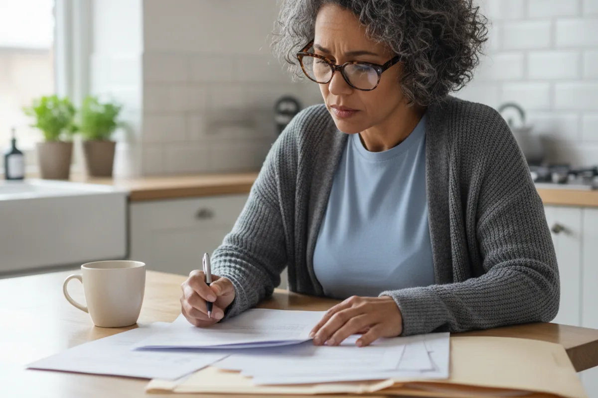 A woman reviews generic documents and paperwork at her kitchen table, looking thoughtful and concerned.