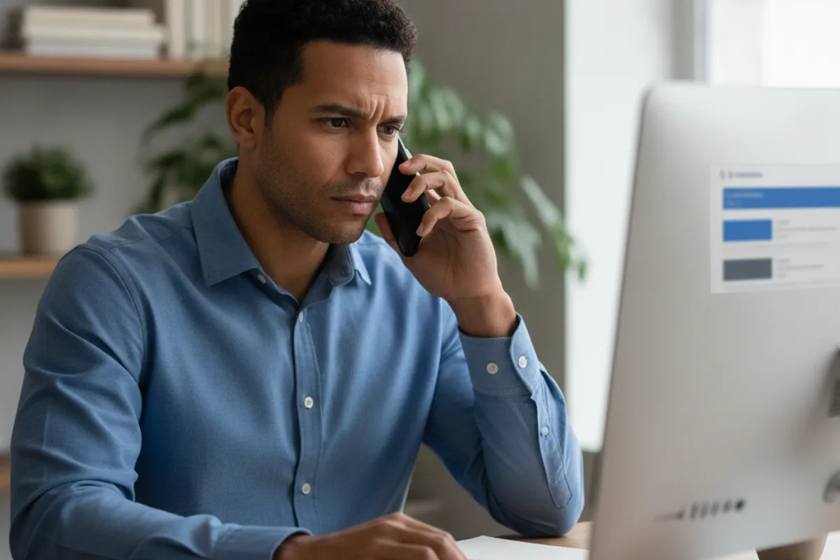 A man on the phone in a home office, looking at a computer screen and reviewing generic documents.