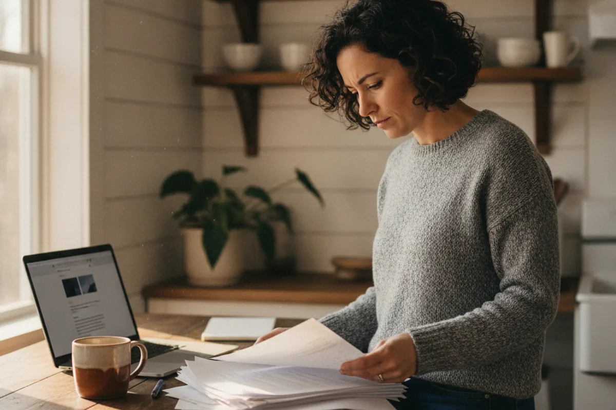 Woman reviews legal documents at her kitchen table, looking thoughtful and concerned.