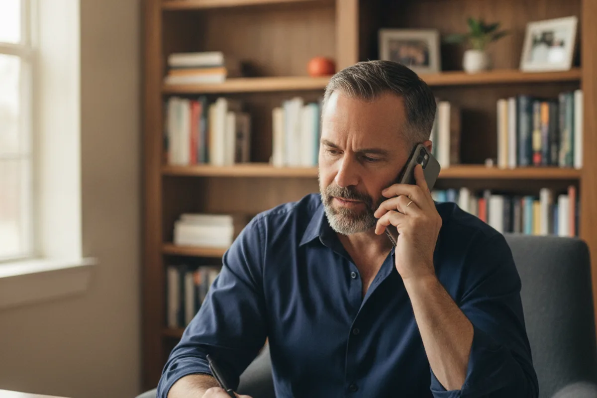 Man on the phone in a home office, listening intently to advice about legal matters.