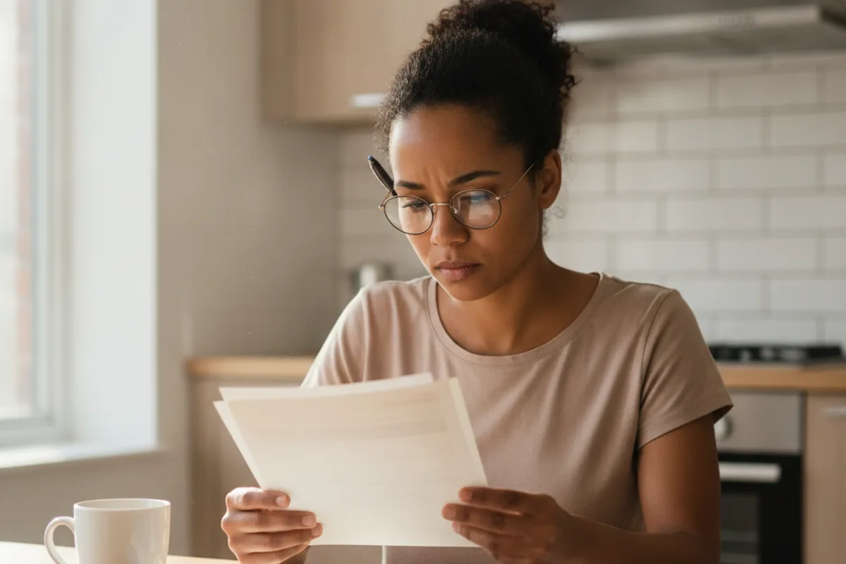 Woman thoughtfully reviews settlement documents at her kitchen table.