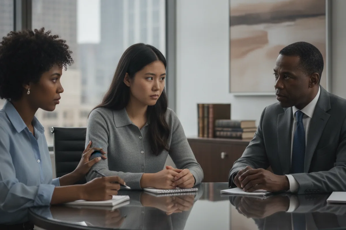 Diverse family consults with an attorney about a settlement offer in a law office.