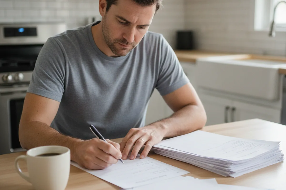 A man reviews paperwork at his kitchen table, focusing on details related to his legal claim.