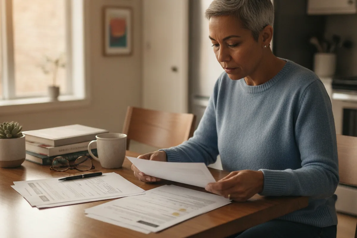 A person reviews generic documents at their kitchen table, focused on understanding their disability application.