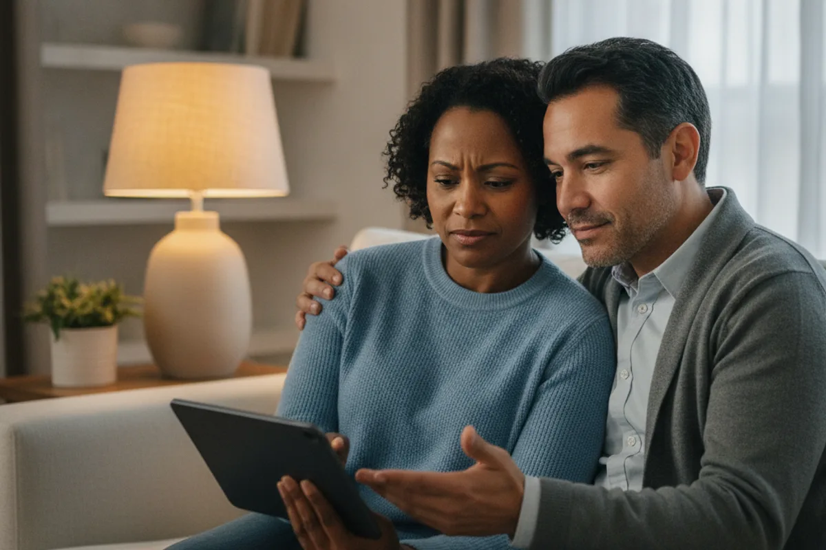 A diverse couple discusses their financial future while looking at a tablet in their living room.
