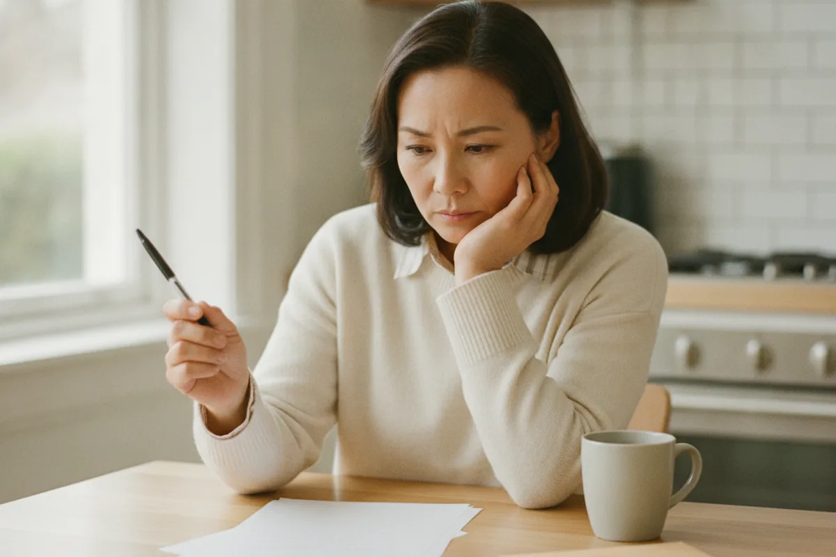 A woman thoughtfully reviewing paperwork at her kitchen table, looking concerned after a disability denial.