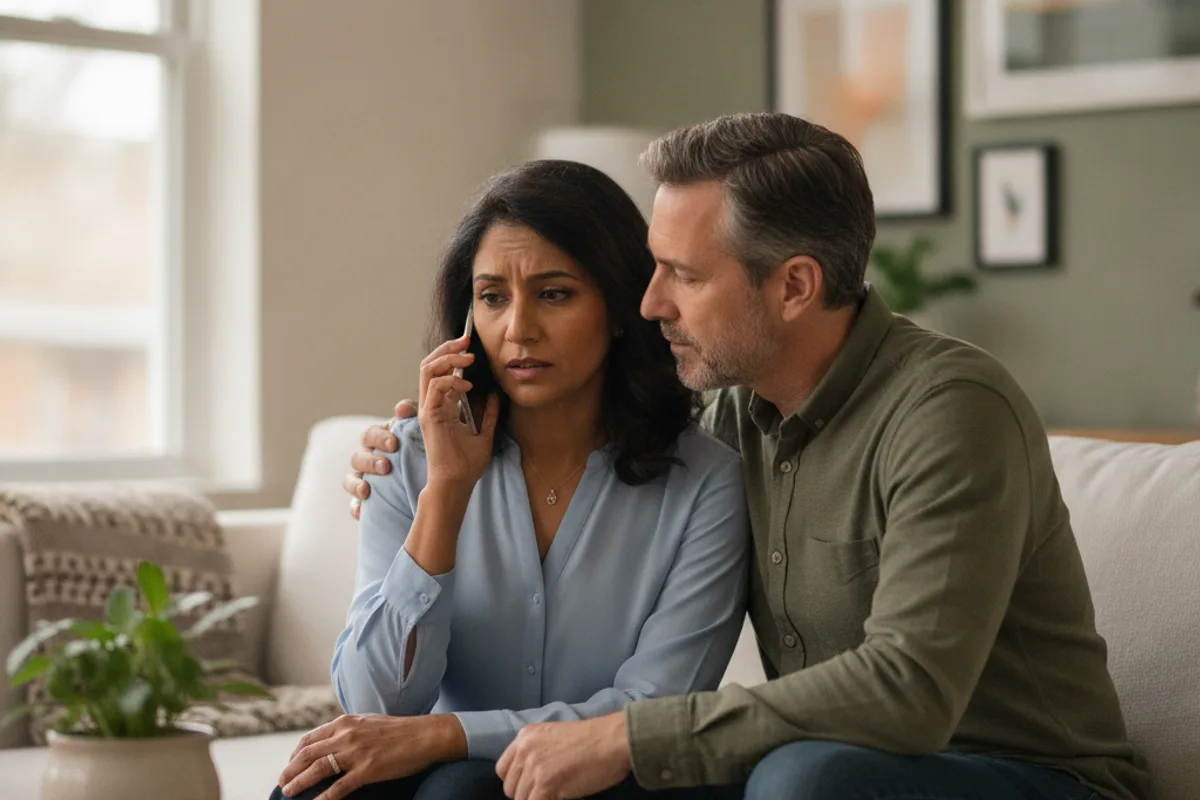 A diverse couple on a sofa, listening intently to an advisor on a phone call about disability.