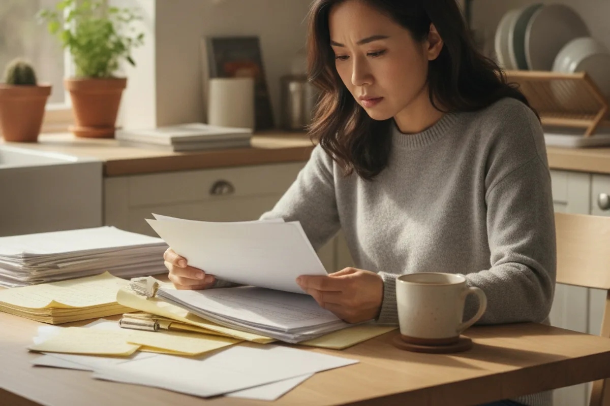 A woman at her kitchen table intently reviews a stack of generic papers, focused on her task.