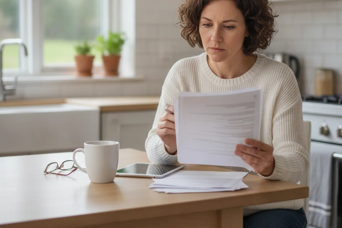 A woman thoughtfully reviews generic paperwork at her kitchen table, focusing on important details.