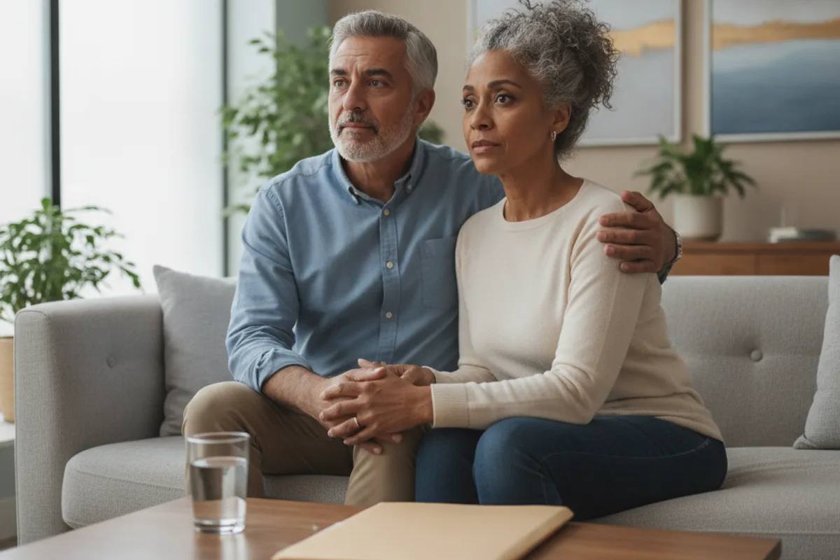 A diverse older couple listens attentively during a professional consultation about their financial future.